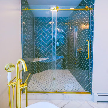 Spacious Herringbone Tiled Shower and Bench