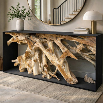 Modern Teak Root Console Table with Iron Frame