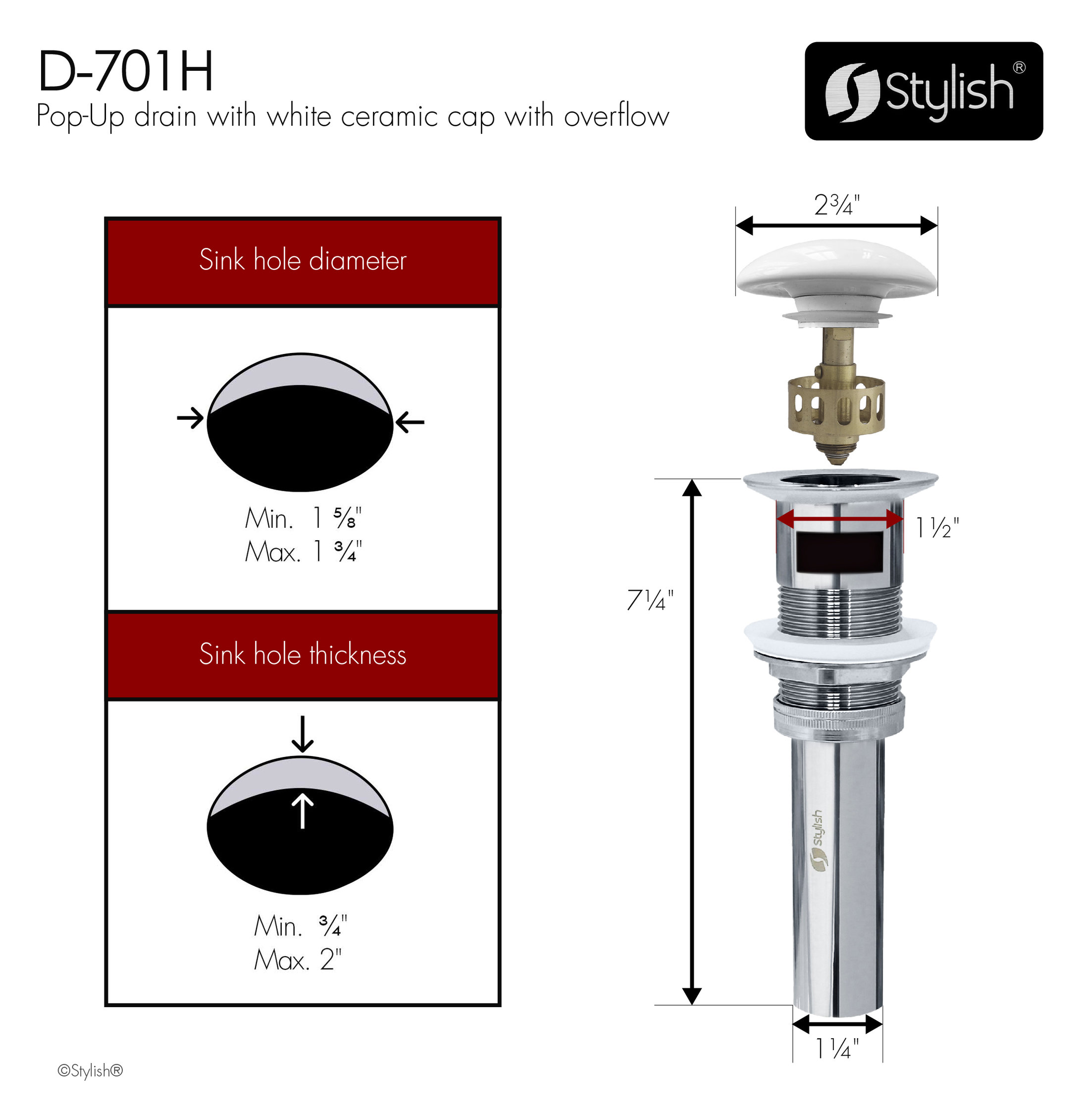 STYLISH Undermount Sink Pop-Up Drain with white ceramic cap with overflow