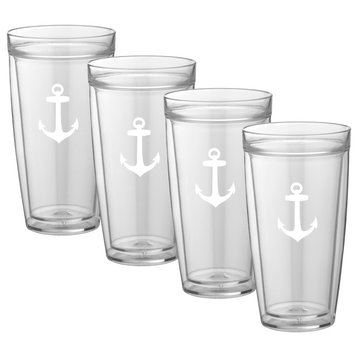 Kraftware Double Wall Tall Glasses, Anchor, 22 oz, Set of 4