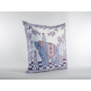 16" Blue Purple Ornate Elephant Indoor Outdoor Zippered Throw Pillow