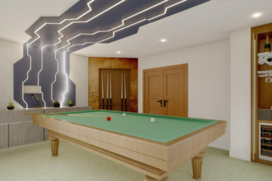 Medium sized eclectic enclosed games room in London with a game room, carpet, wallpapered walls, white walls, beige floors and feature lighting.