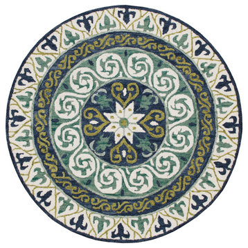 Blue and Green Geometric Medallion Round Rug, 7' Round