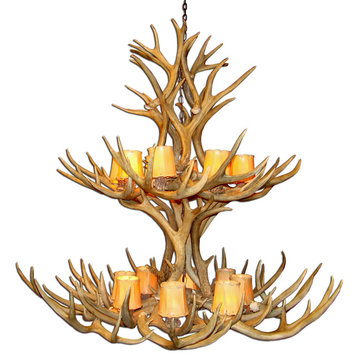 Real Shed Antler Multi-Tier Mule Deer Chandelier, XLarge, With Parchment Shades