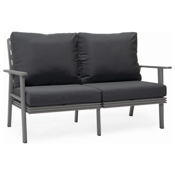 Leisuremod Walbrooke Patio Loveseat With Gray Aluminum Frame, Charcoal