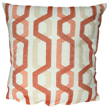 Contemporary Cotton Pillow With Geometric Embroidery, Red And Cream