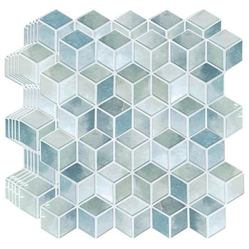 Blue Stone Hexacube Glossy 3D Tile Sticker, 12"x6", Set of 20