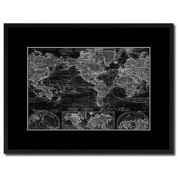 World Ocean Currents Monochrome Map Print On Canvas With Black Frame, 16" X 21"