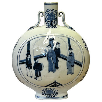 Chinese Blue White Porcelain Oval Flat Body People Theme Vase Hws2992