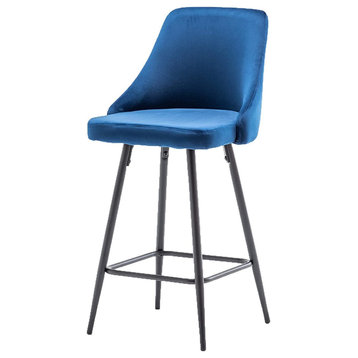 Set of 4 Bar Stool, Long Tapered Legs With Velvet Upholstered Seat, Blue/Black