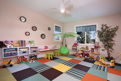 Inspiration for a contemporary kids' playroom in Salt Lake City with pink walls, carpet and multi-coloured floor.