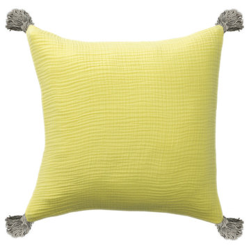 Cream Solid Tasseled Organic Turkish Cotton Throw Pillow, Yellow