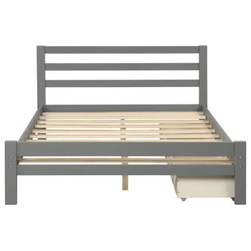 Full Size Bed Frame, Paneled Headboard With Storage Drawers, Gray Finish