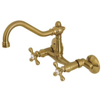 Classic Wall Mount Kitchen Faucet, Curved Spout & 2 Handles, Brushed Brass