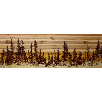 "Pine Tree Sunset" Painting Print on Natural Pine Wood, 60"x20"