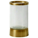 Serene Spaces Living - Gold Rimmed Glass Cylindrical Hurricane, Small: 7.5in H X 5in D - This elegant clear glass hurricane has a subtle bling effect with its gold base and gold rim. It works as a versatile table ornament _ use it with a candle or use as a vase for a pretty floral arrangement. Use in pairs along with other gold elements like antique gold pots or bud vases to create a fancy setup for any dining table, fireplace mantle or side table. Available in 2 sizes. Sold individually. Size: Small 7.5in H x 5in D, Large 9.5in H x 6in D