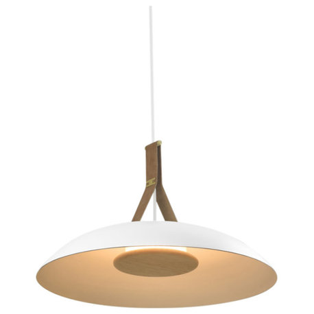 Volo LED Pendant, Blanc, White/Brushed Brass/Tan Leather/White Washed Oak, 3000K