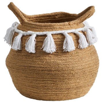 11" Boho Chic Handmade Natural Cotton Woven Basket Planter With Tassels