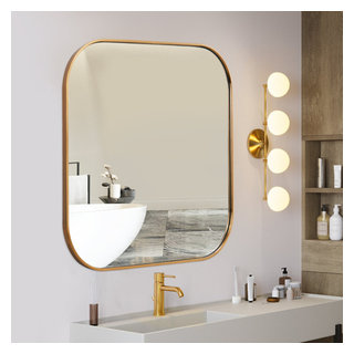 MOTINI 32" Large Square Gold Stainless Steel Framed Wall Mirror ...