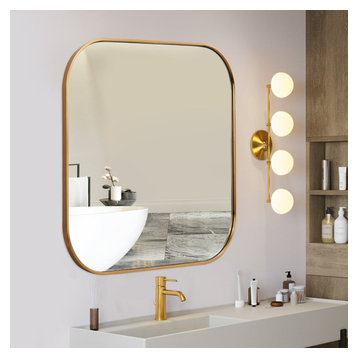 MOTINI 32" Large Square Gold Stainless Steel Framed Wall Mirror