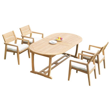 5-Piece Outdoor Teak Dining: 117" Masc Oval Table, 4 Celo Stacking Arm Chairs