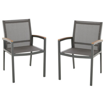 Emma Outdoor Aluminum Dining Chairs with Faux Wood Accents, Nartural, Gray, Set of 2