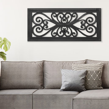 American Art Decor Hand-Carved Floral Wood Panel and Wall Decor, Black