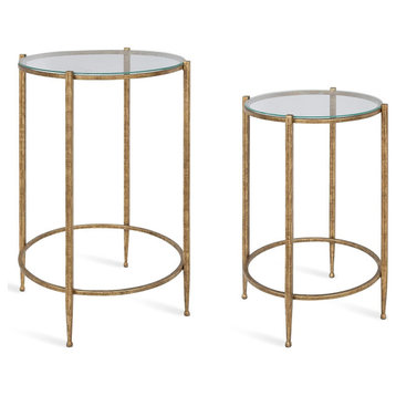 Set of 2 Contemporary Glam End Table, Brushed Gold Metal Frame & Round Glass Top