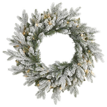 24" Flocked Artificial Christmas Wreath With 50 LED Lights