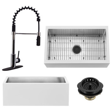 30" Single Bowl Farmhouse Solid Surface Sink and Faucet Kit, Chrome/Black