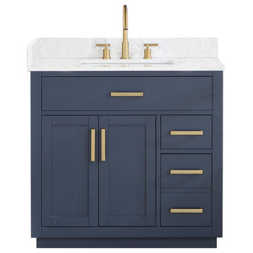 Gavino Vanity With Grain White Composite Stone Top, Royal Blue/Brushed Gold, 36", No Mirror