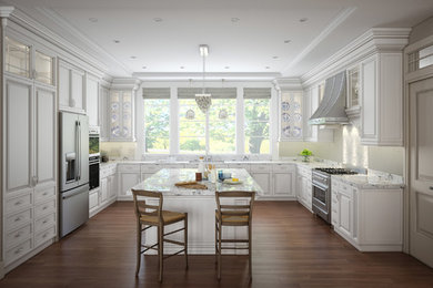 This is an example of a large traditional u-shaped open plan kitchen in San Francisco with with island.