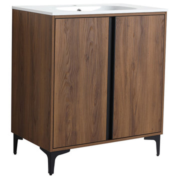 Single Vanity, Brown Walnut Finish With Solid Surface Resin White Sink, 30"