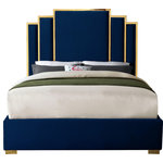 Meridian Furniture - Hugo Velvet King Bed, Navy - Sleep like a king while adding dramatic flair to your bedroom space in the regal Hugo navy velvet king bed. Sleek navy velvet upholstery is supported by a polished gold metal frame, supported on gold metal legs, creating a stunning bed that's truly fit for royalty. The unique gold-framed layered rectangle design of the headboard commands attention of anyone who ventures into your sleeping chamber, and its luxuriously large size ensures you'll slumber like a king.