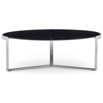 Corbe Coffee Table Smoked Black Tempered Glass Top Brushed Stainless Steel Base