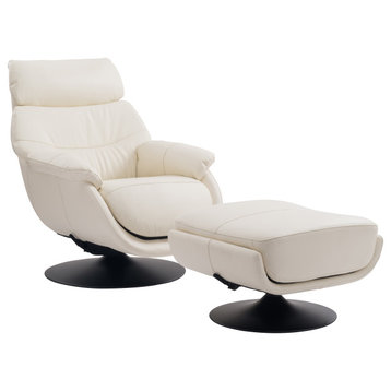 Calcutta Modern Top Grain Leather Ergonomic Rocking Chair & Ottoman Set, White/B