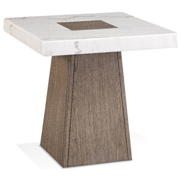 Maklaine Square Modern Marble and Rubberwood End Table in White