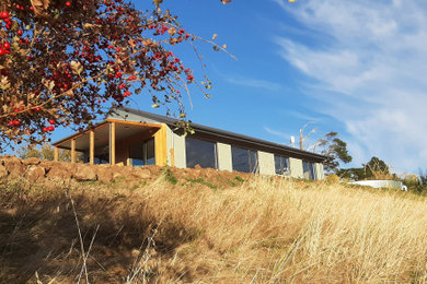 Réalisation d'une petite façade de maison verte minimaliste en bois de plain-pied avec un toit gris.