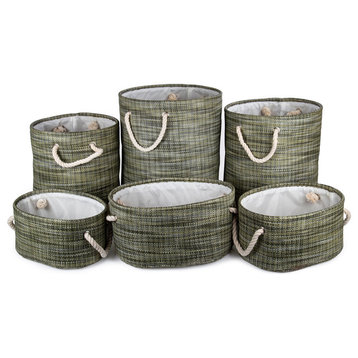 Paper Straw Round Storage Baskets, Set of 6, 15.5 x 18 inches, Green