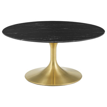 Coffee Table, Round, Artificial Marble, Metal, Gold Black, Modern, Lounge