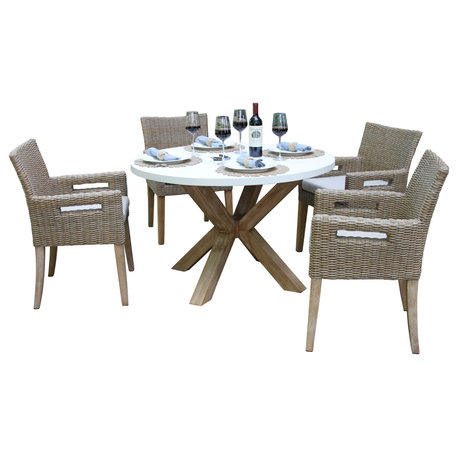 48" Ivory Composite Dining Table With 4 Wheat Wicker Chairs