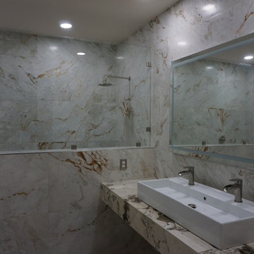White and rust master bathroom