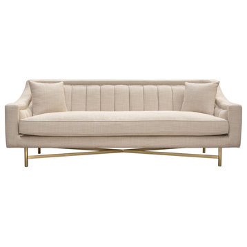 Fabric Sofa in Sand Linen Fabric Accent Pillows and Gold Metal Criss-Cross Frame