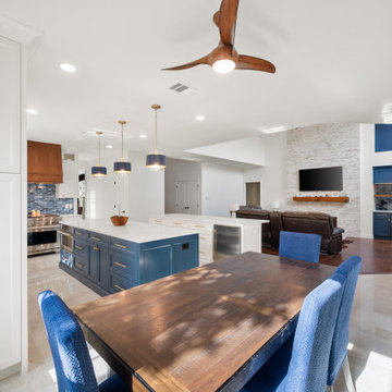 Open Concept Kitchen and Dining Room Sightline to Living Room Fireplace