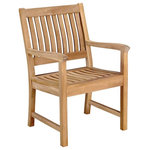Warner Levitzson Teak Furniture - Avalon Armchair - Made with solid plantation grown teak. Built with traditional mortise and tenon for lasting durability. Can be used for both commercial and residential. Avalon armchair maximizes comfort for outdoor dining due to ergonomic seat rest and backrest. Arm height is 25". Avalon collection available in armchair, side chair, backless chair, bar chair, 24" counter height chair, 24" counter height backless stool, 47" - 63" - 67" - 79" backless bench, 47" - 59" - 71" bench. Please see product specifications PDF for more information.