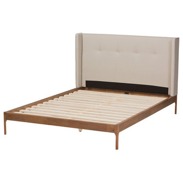Brooklyn Midcentury Modern Walnut Wood/Fabric Platform Bed, Light Beige, King