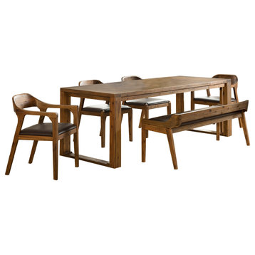Rasmus 6-Piece Dining Set, Chestnut Wire-Brush, Bench/2 Side Chairs/2 Arm Chairs