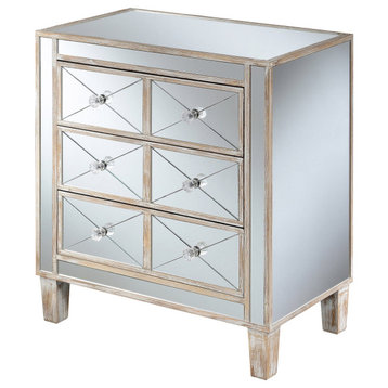 Glam Mirrored Side Table, 3 Drawers With Faux Crystal Knobs, Weathered White