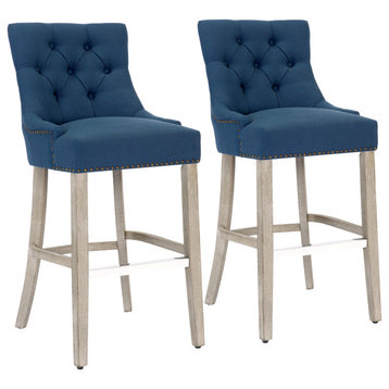 Hayes 29" Upholstered Tufted Wood Bar Stool (Set of 2), Antique Gray