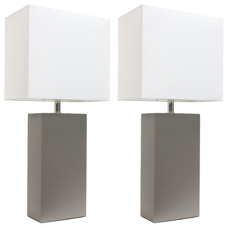 Elegant Designs 2-Pack Modern Leather Table Lamps With White Fabric Shades, Gray